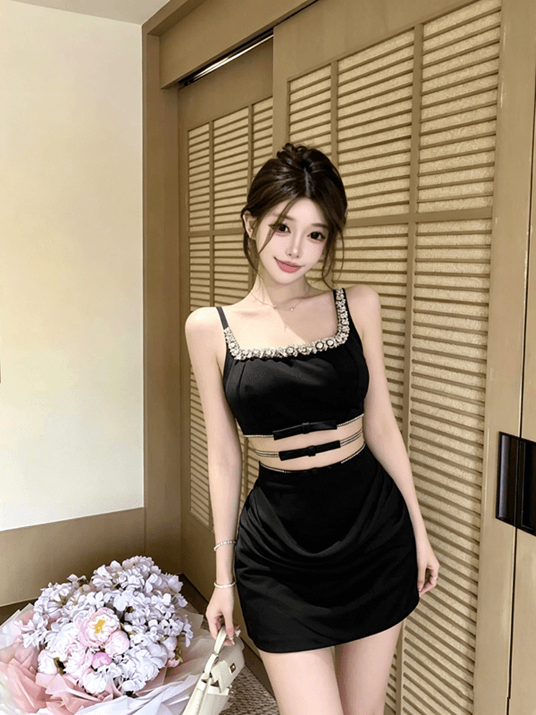 실사 순수한 욕망 무거운 작업 사쿠라 꽃가루 나비 매듭 망사 패치워크 훈련 사슬 광장 칼라 슬립 허리 수축 드레스 상세 이미지 13