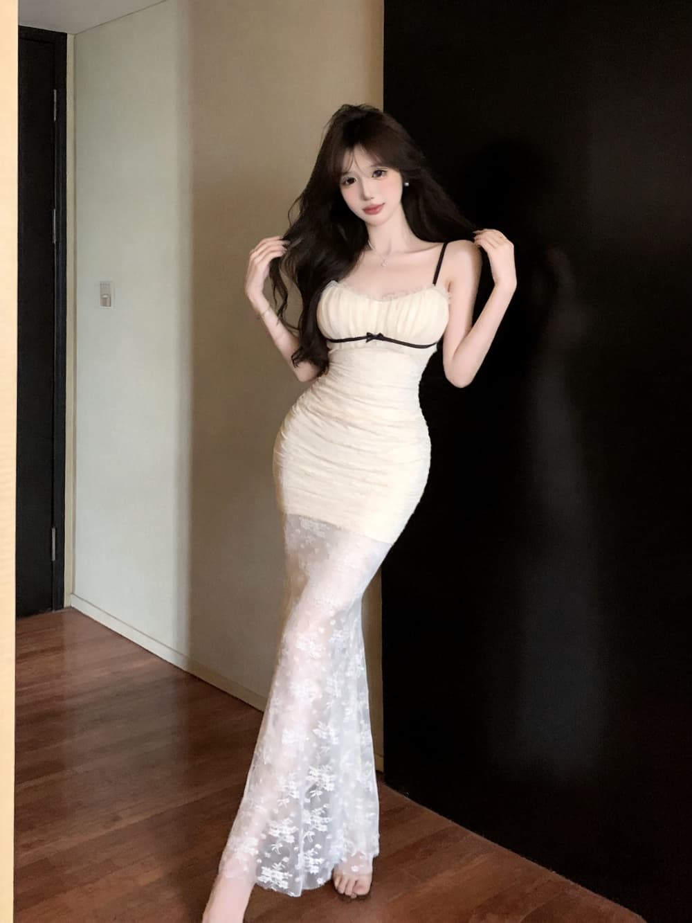 실사 프랑스식 품격 핫걸 플리츠 레이스 섹시함 허리 수축 슬림해 보이는 타이트 스커트 드레스 이미지 3