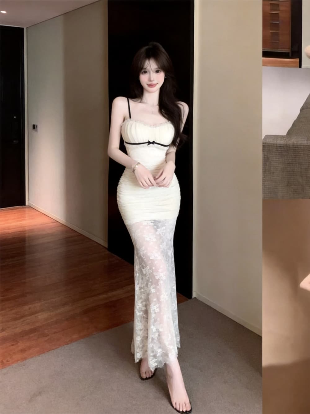 실사 프랑스식 품격 핫걸 플리츠 레이스 섹시함 허리 수축 슬림해 보이는 타이트 스커트 드레스 상세 이미지 7