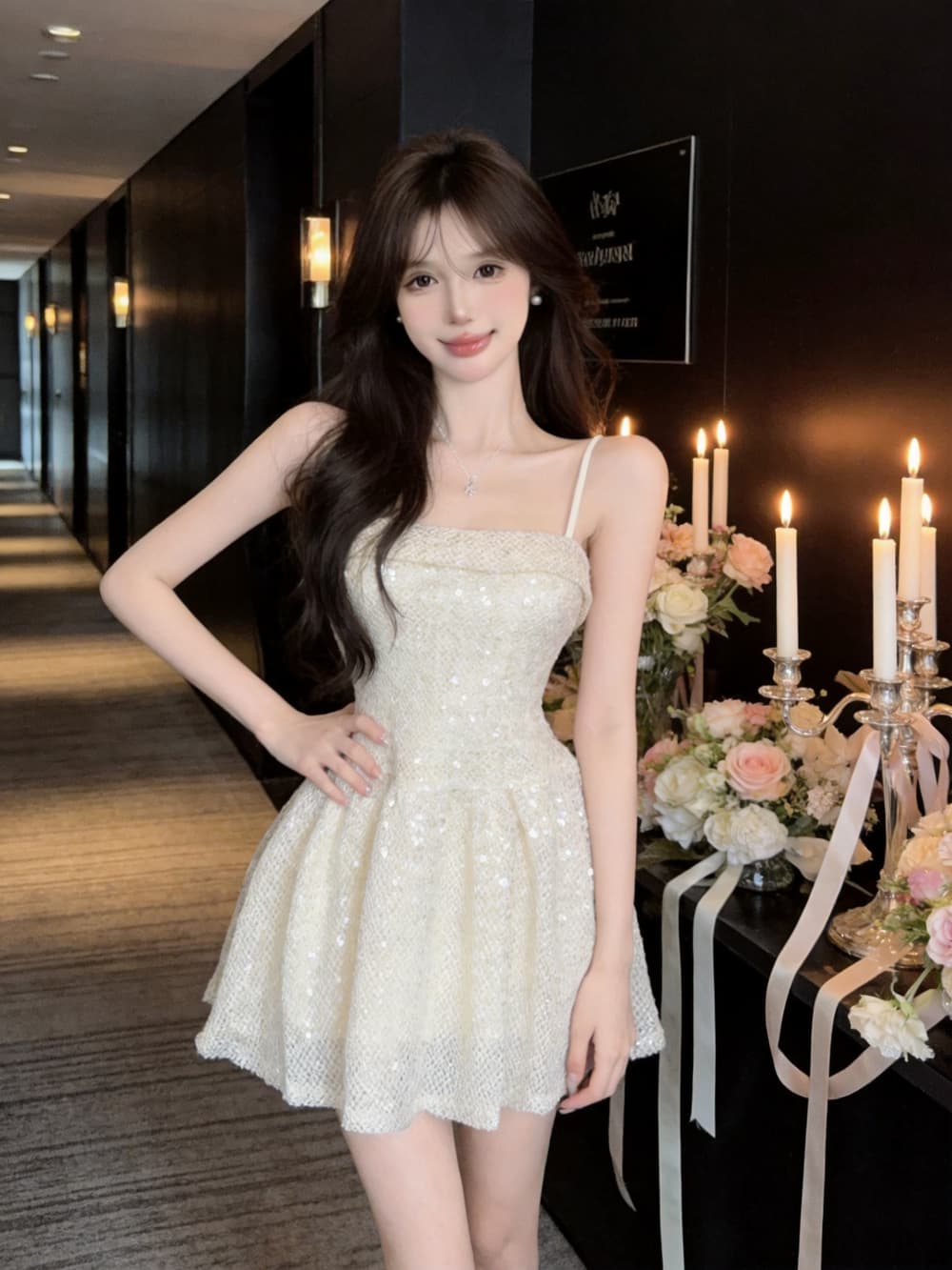 실사 프랑스식 천 골드 스팽글 튜브탑 품격 허리 수축 슬림해 보이는 작은 샤넬 스타일 Chic 드레스