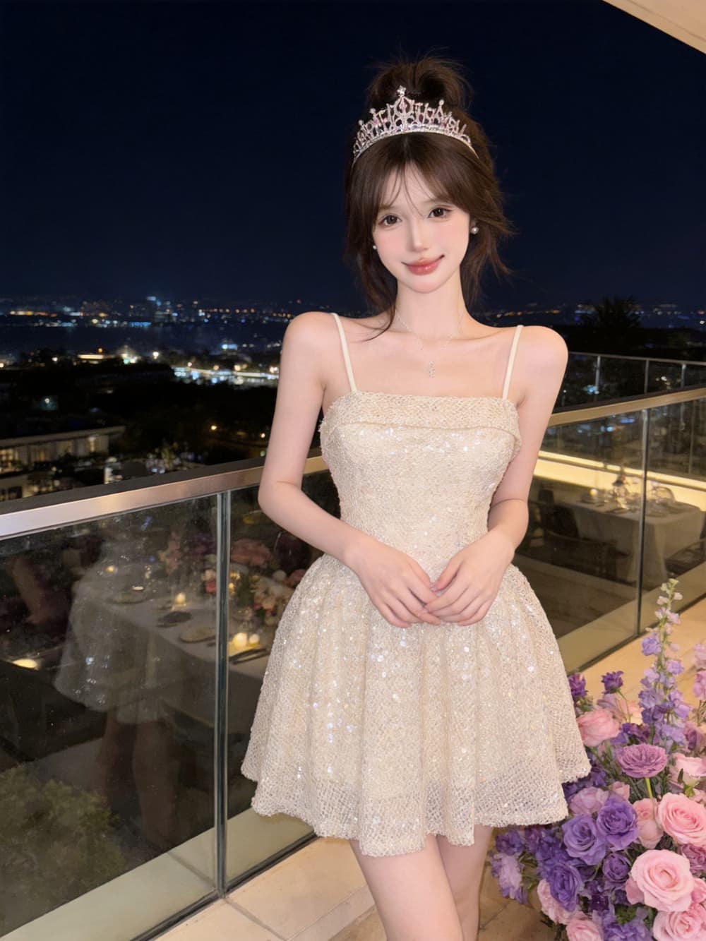 실사 프랑스식 천 골드 스팽글 튜브탑 품격 허리 수축 슬림해 보이는 작은 샤넬 스타일 Chic 드레스 이미지 3