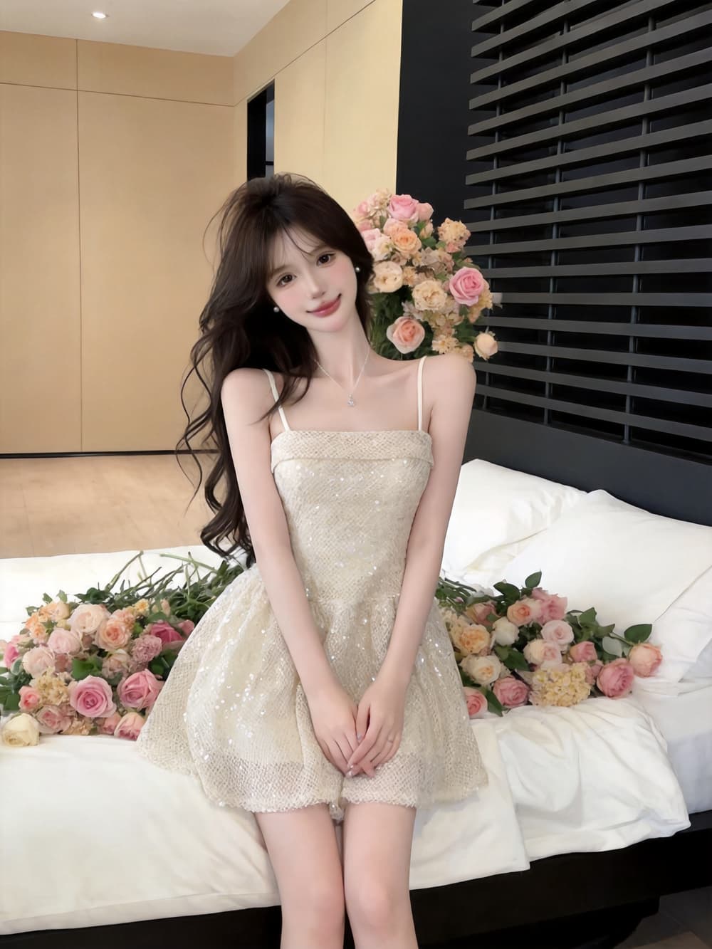 실사 프랑스식 천 골드 스팽글 튜브탑 품격 허리 수축 슬림해 보이는 작은 샤넬 스타일 Chic 드레스 상세 이미지 2