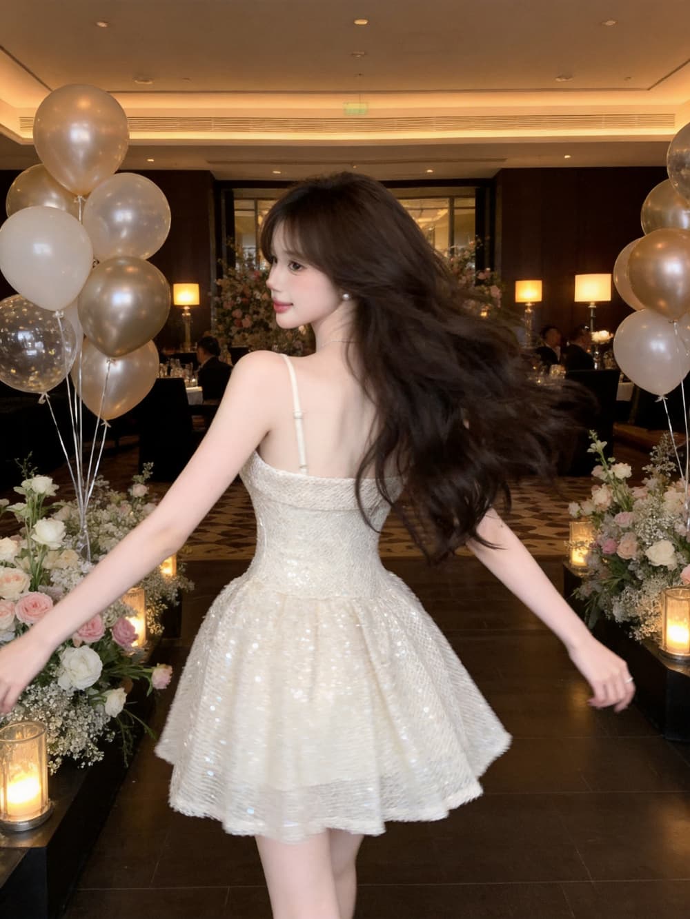 실사 프랑스식 천 골드 스팽글 튜브탑 품격 허리 수축 슬림해 보이는 작은 샤넬 스타일 Chic 드레스 상세 이미지 9