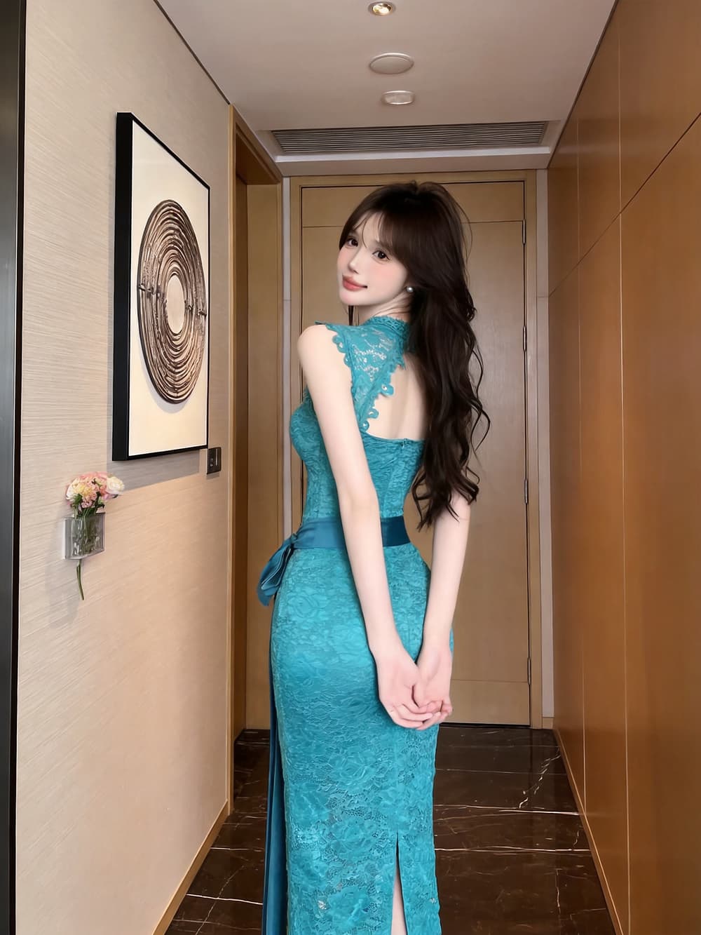 실사 프랑스식 레트로 레이스 자카드 슬립 몸매 가꾸기 허리 수축 트임 명문 여성 품격 롱 코트 드레스 이미지 4