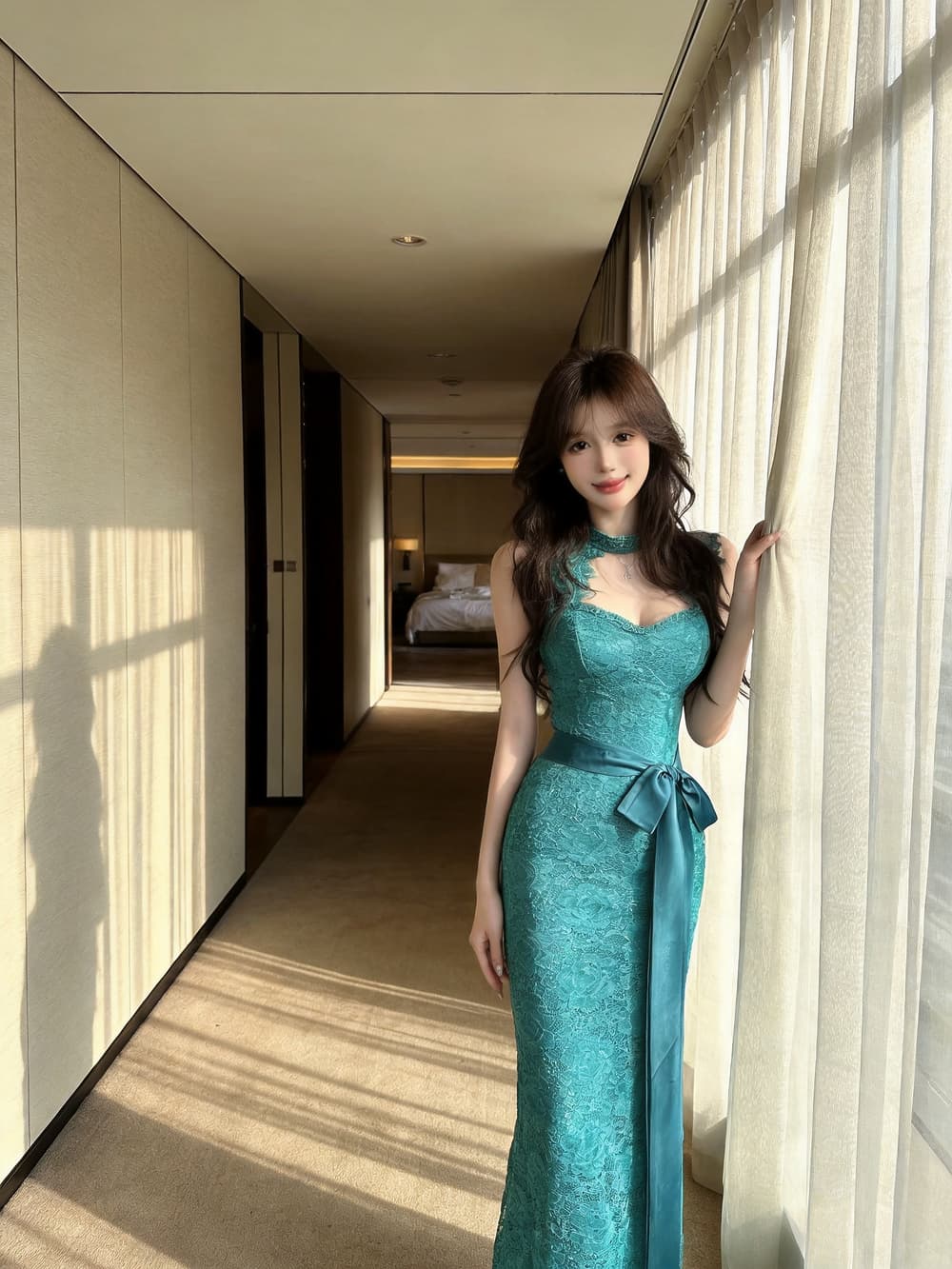 실사 프랑스식 레트로 레이스 자카드 슬립 몸매 가꾸기 허리 수축 트임 명문 여성 품격 롱 코트 드레스 상세 이미지 8