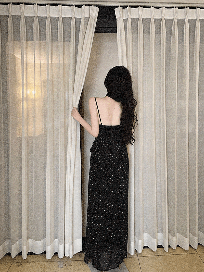 실사 순수한 욕망 작은 키 흔들다 칼라 허리 수축 도트 무늬 슬립 슬림해 보이는 드레스 상세 이미지 3