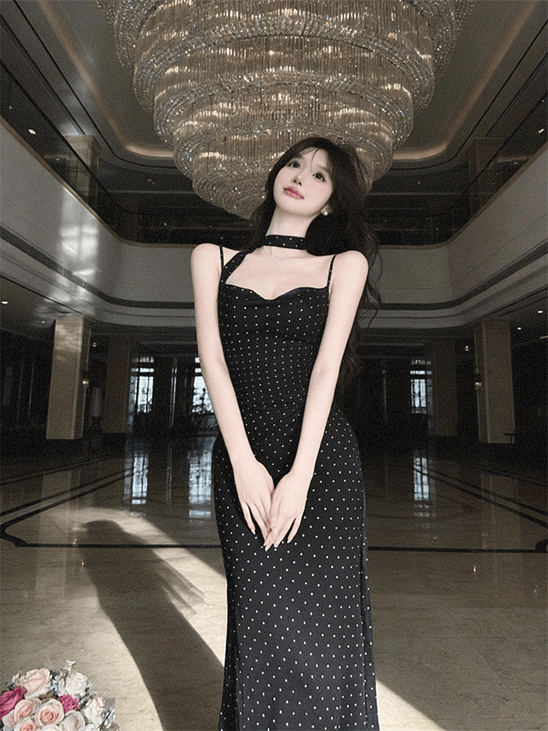실사 순수한 욕망 작은 키 흔들다 칼라 허리 수축 도트 무늬 슬립 슬림해 보이는 드레스 상세 이미지 6
