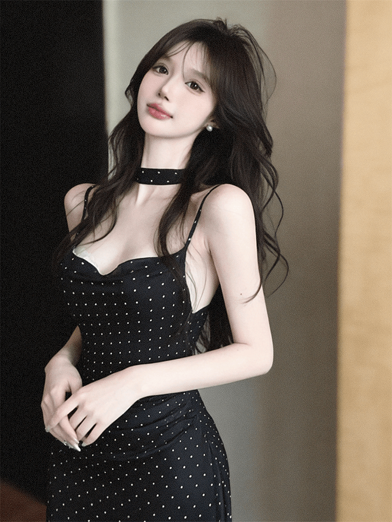 실사 순수한 욕망 작은 키 흔들다 칼라 허리 수축 도트 무늬 슬립 슬림해 보이는 드레스 상세 이미지 11