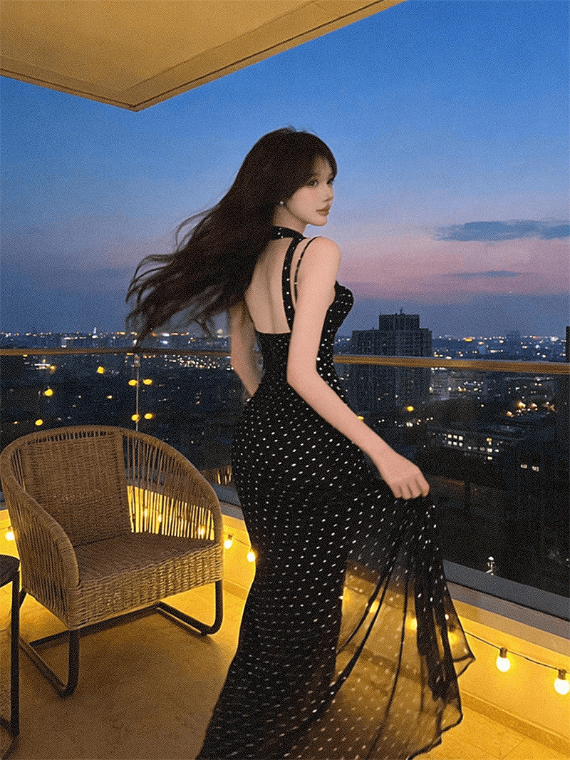 실사 순수한 욕망 작은 키 흔들다 칼라 허리 수축 도트 무늬 슬립 슬림해 보이는 드레스 상세 이미지 13