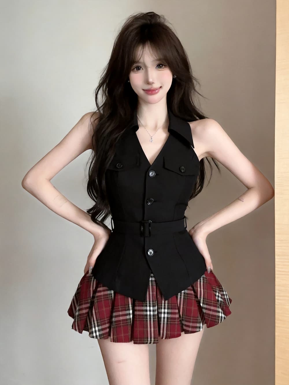 실사 프랑스식 작은 베스트 민소매 허리 수축 맨위 핫걸 바람 체크무늬 타이트 스커트 투피스 세트 트렌디 상세 이미지 2