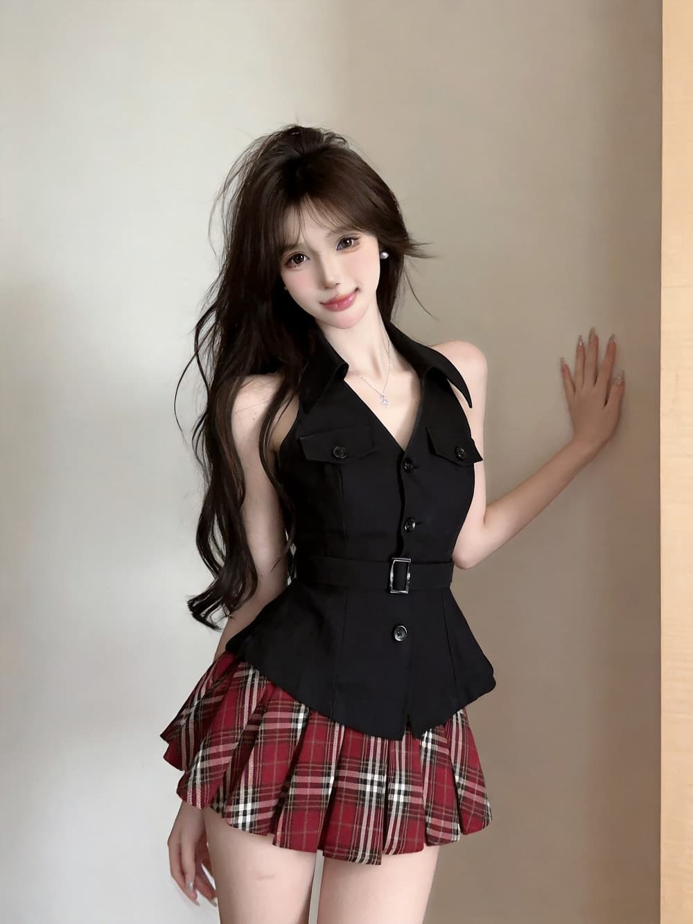 실사 프랑스식 작은 베스트 민소매 허리 수축 맨위 핫걸 바람 체크무늬 타이트 스커트 투피스 세트 트렌디 상세 이미지 5