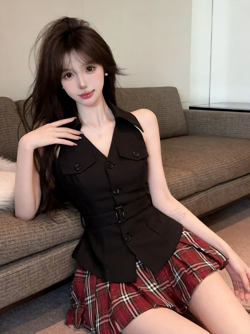 실사 프랑스식 작은 베스트 민소매 허리 수축 맨위 핫걸 바람 체크무늬 타이트 스커트 투피스 세트 트렌디 상세 이미지 8