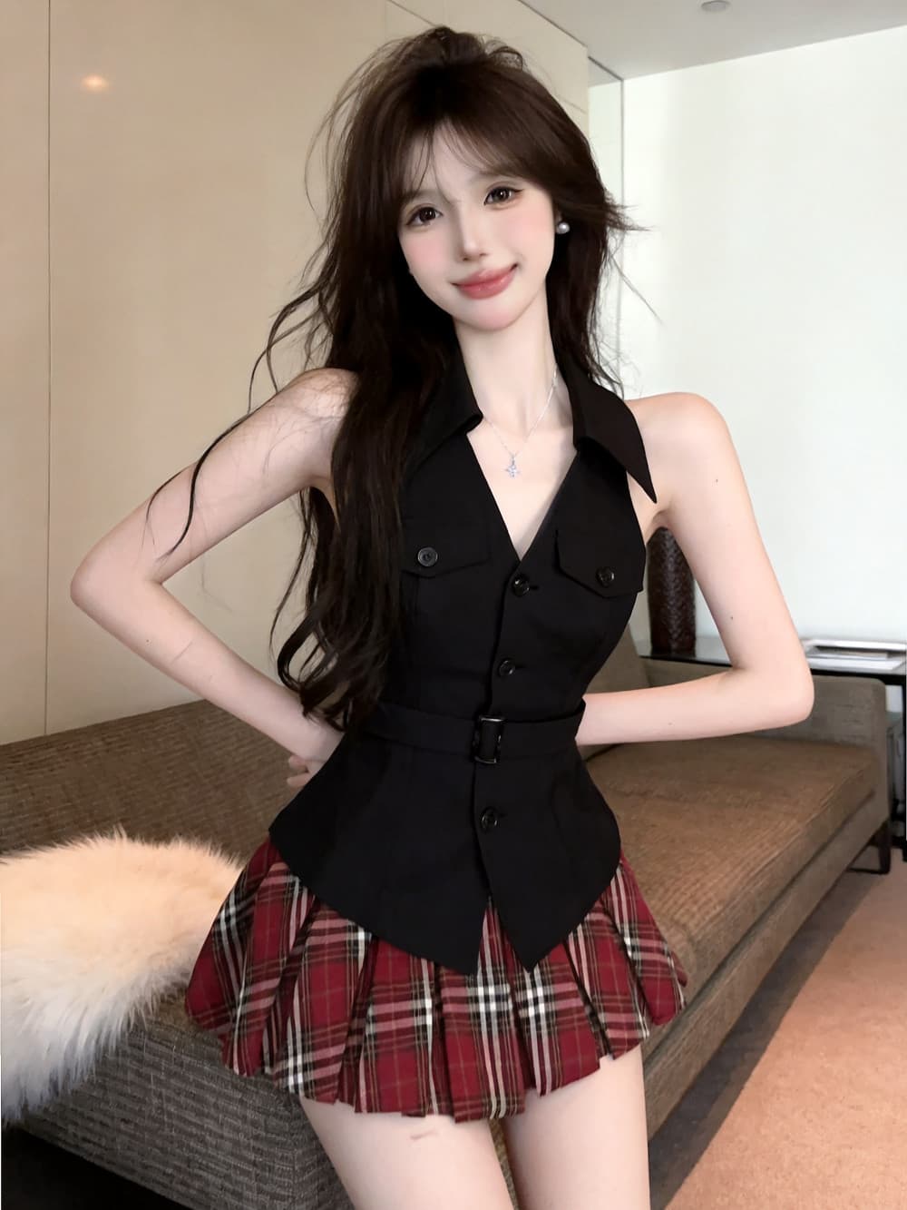 실사 프랑스식 작은 베스트 민소매 허리 수축 맨위 핫걸 바람 체크무늬 타이트 스커트 투피스 세트 트렌디 상세 이미지 10