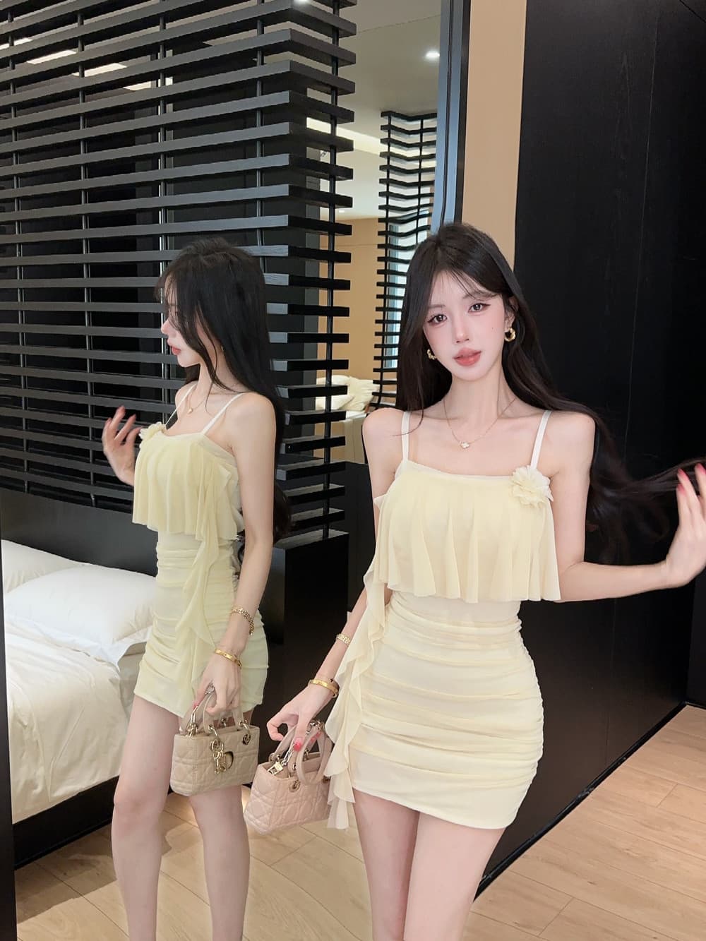 실사 순수한 욕망 망사 페이크 레이어드 꽃 패치워크 디자인 센스 몸매 가꾸기 슬림해 보이는 타이트 스커트 드레스 이미지 2