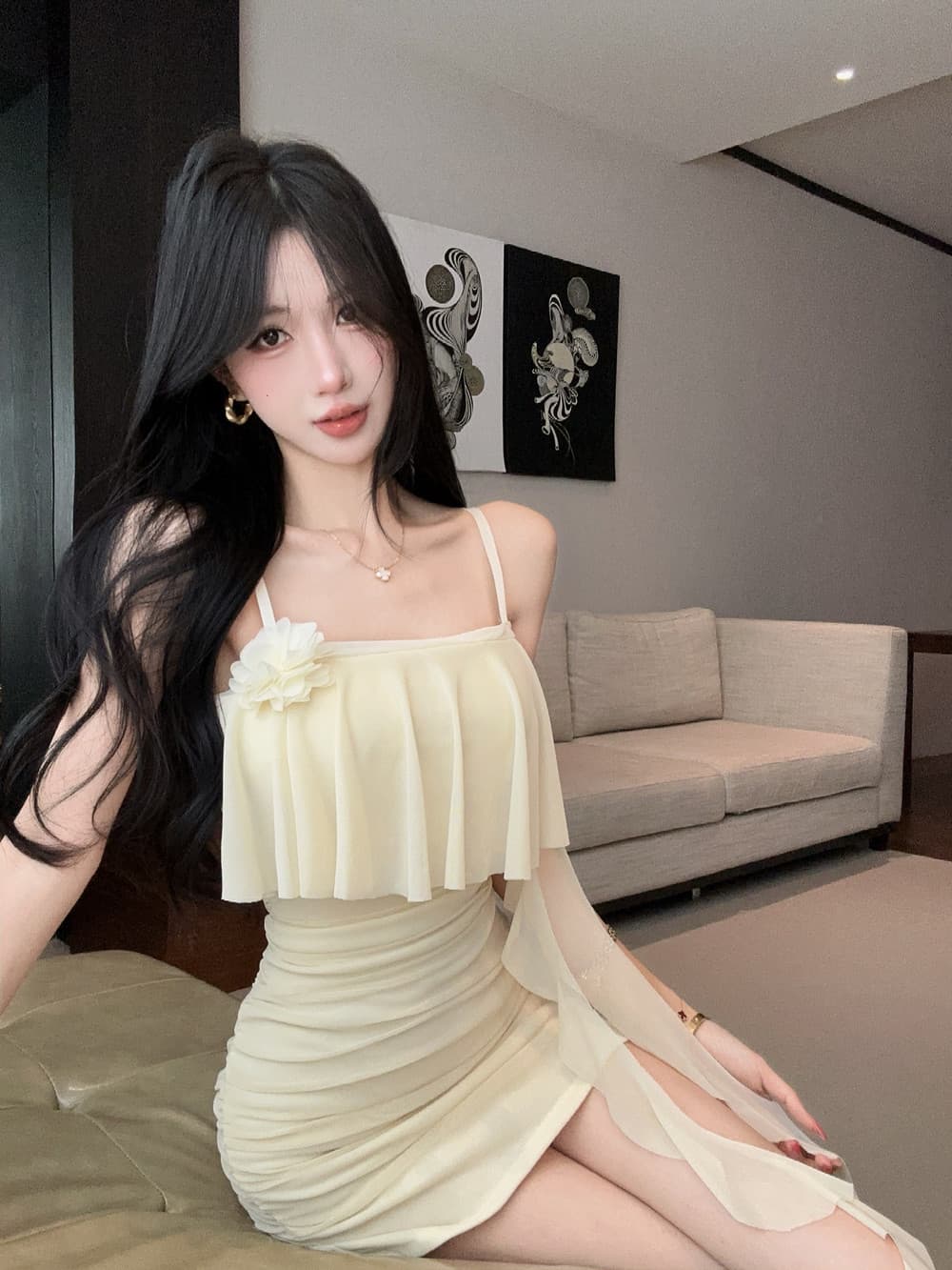 실사 순수한 욕망 망사 페이크 레이어드 꽃 패치워크 디자인 센스 몸매 가꾸기 슬림해 보이는 타이트 스커트 드레스 상세 이미지 3