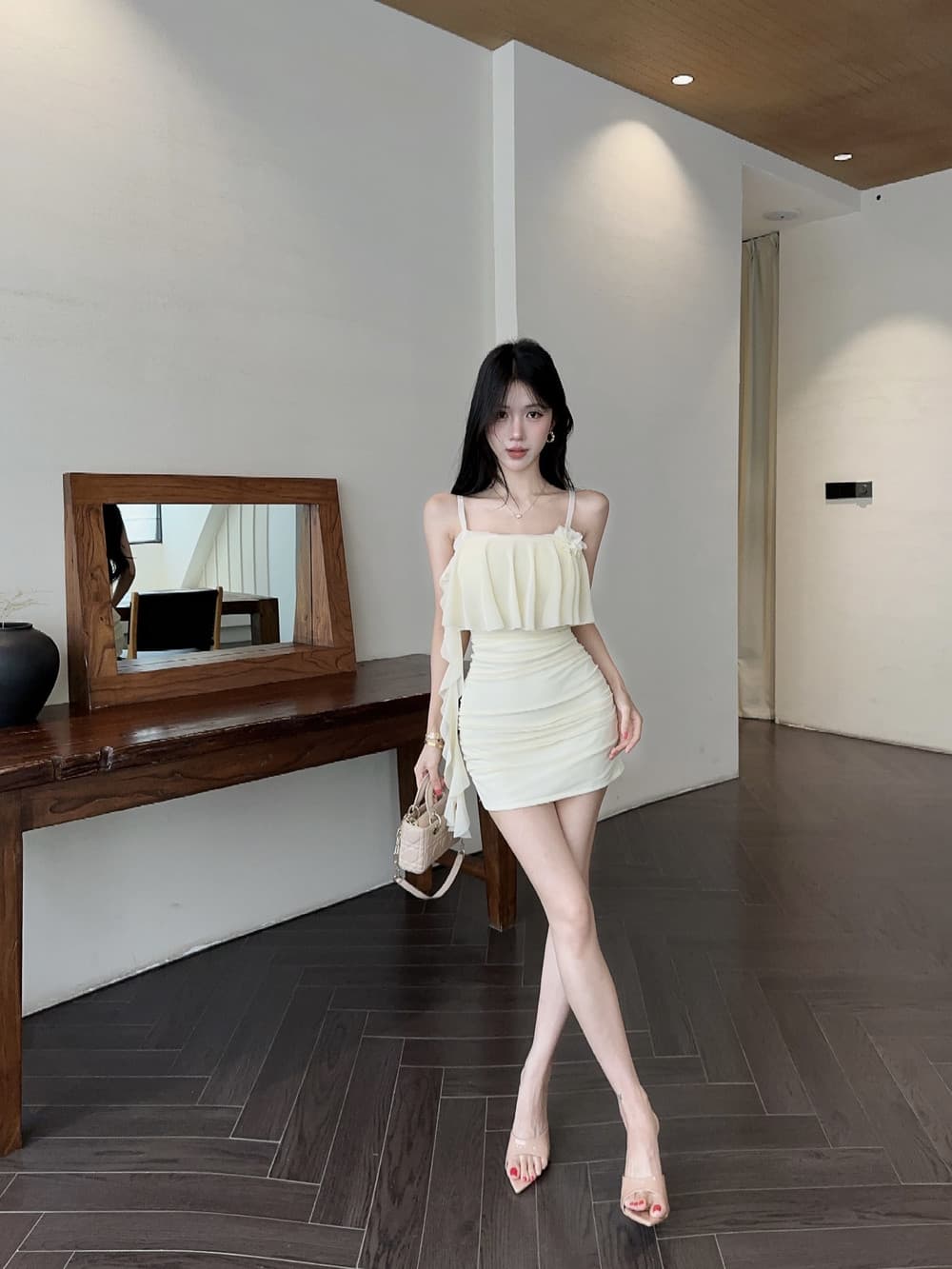 실사 순수한 욕망 망사 페이크 레이어드 꽃 패치워크 디자인 센스 몸매 가꾸기 슬림해 보이는 타이트 스커트 드레스 상세 이미지 7