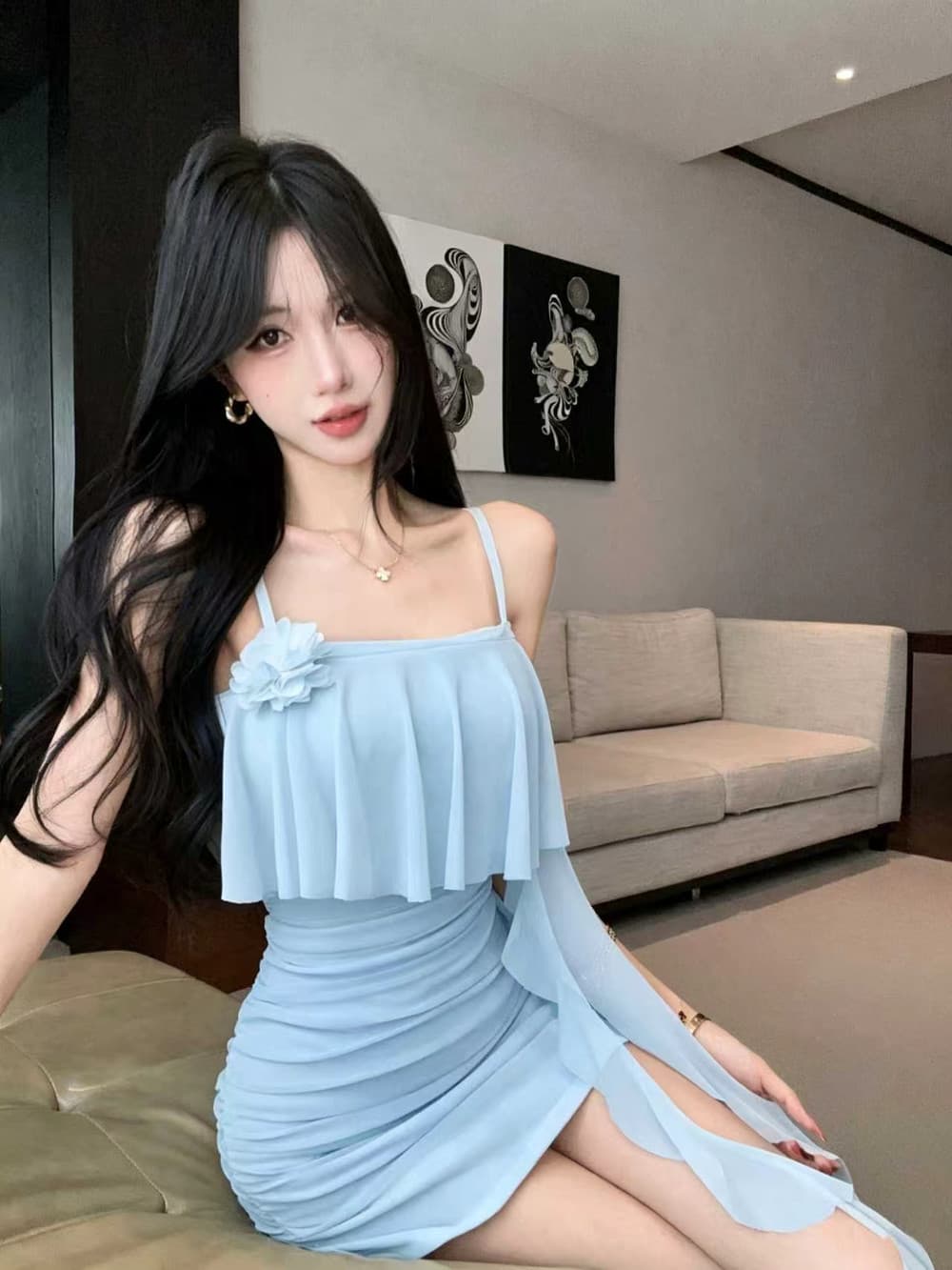 실사 순수한 욕망 망사 페이크 레이어드 꽃 패치워크 디자인 센스 몸매 가꾸기 슬림해 보이는 타이트 스커트 드레스 상세 이미지 23