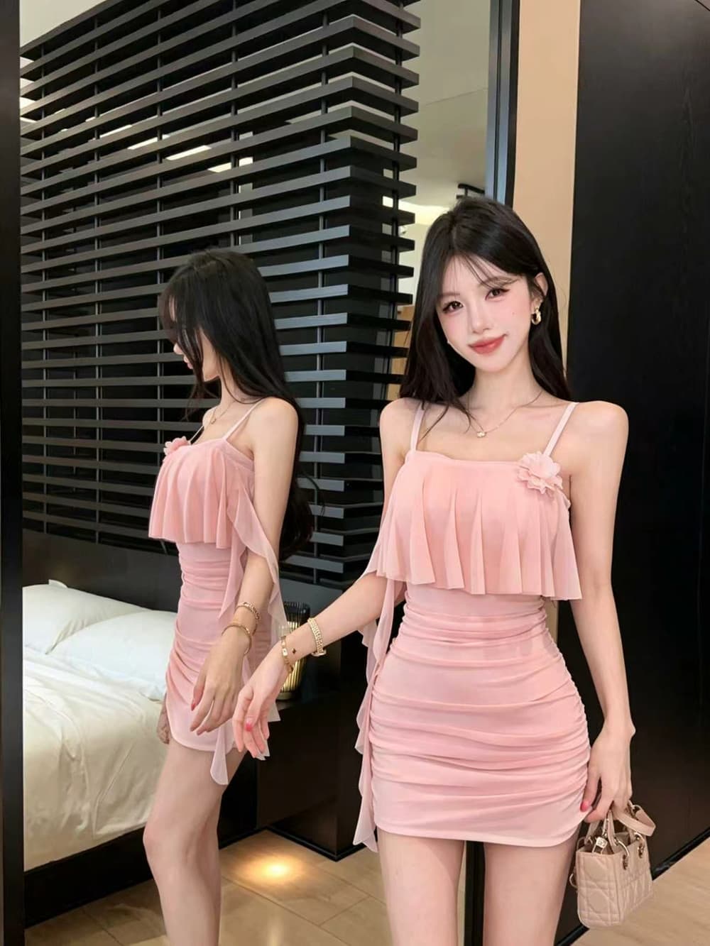 실사 순수한 욕망 망사 페이크 레이어드 꽃 패치워크 디자인 센스 몸매 가꾸기 슬림해 보이는 타이트 스커트 드레스 상세 이미지 25