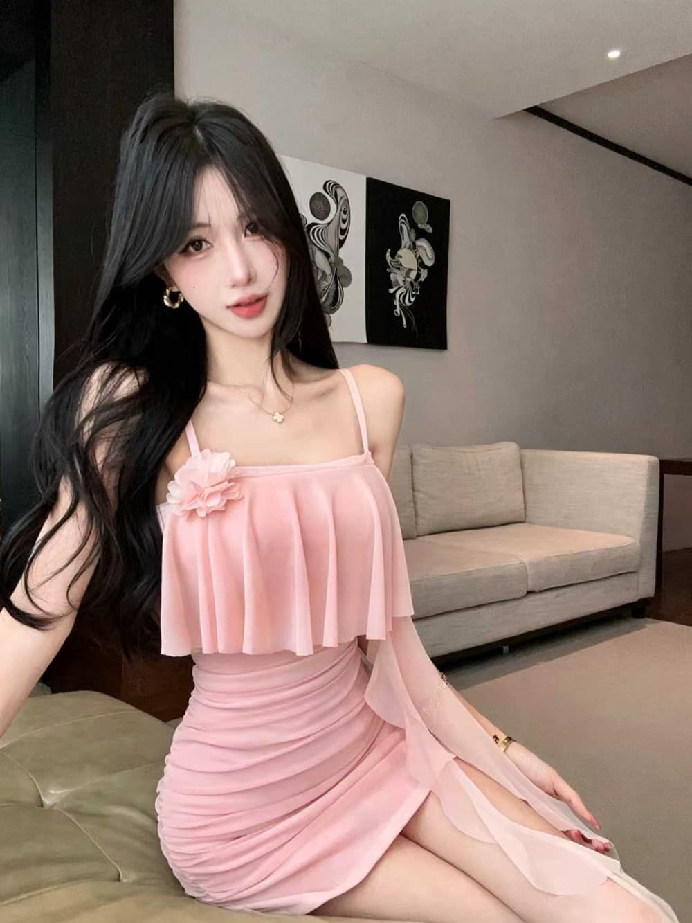 실사 순수한 욕망 망사 페이크 레이어드 꽃 패치워크 디자인 센스 몸매 가꾸기 슬림해 보이는 타이트 스커트 드레스 상세 이미지 30