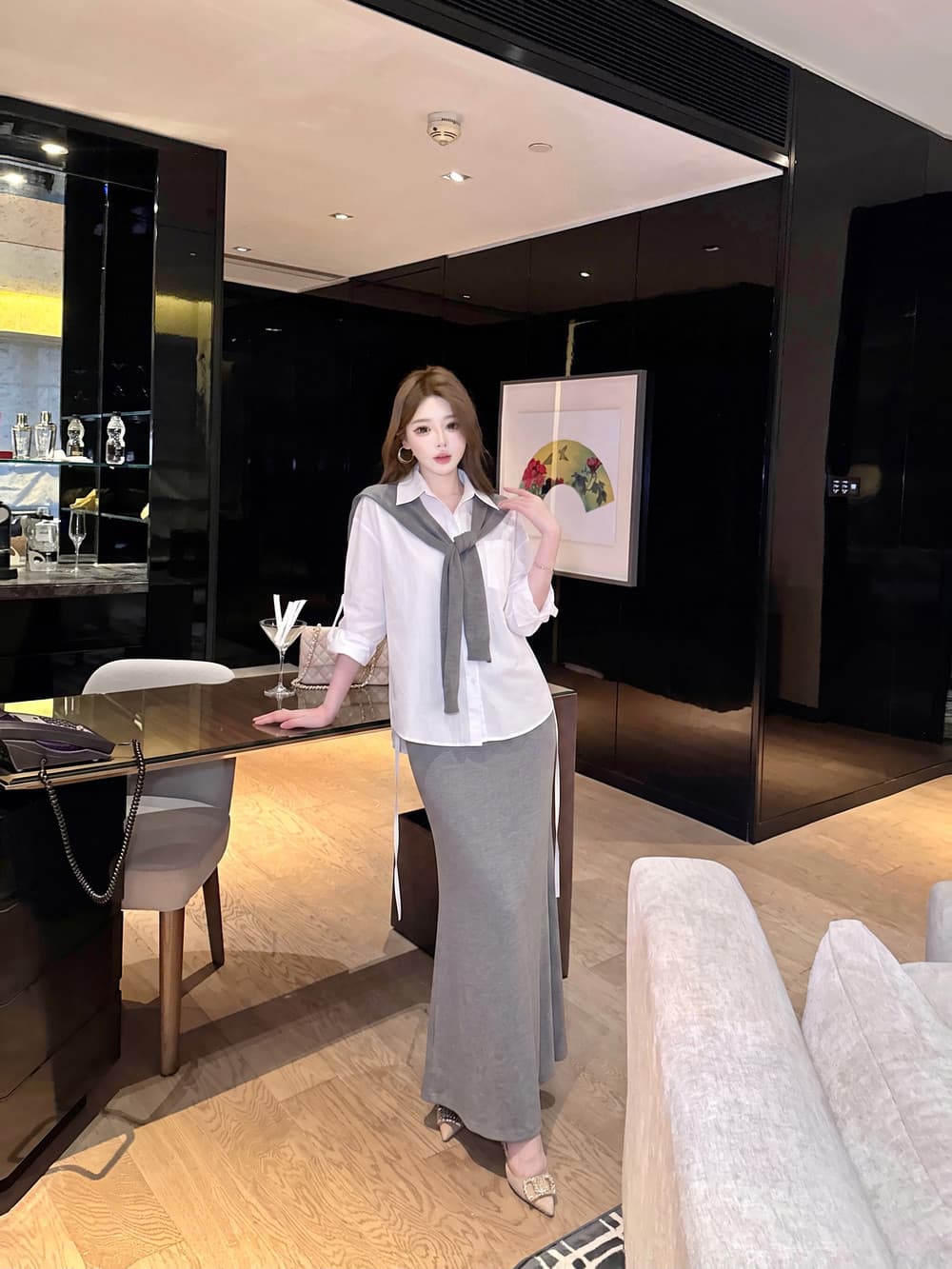 실사 한 부서 학원 스타일 숄 흰 셔츠 반신 스커트 3종 세트 느긋한 바람 세트 여성 상세 이미지 4