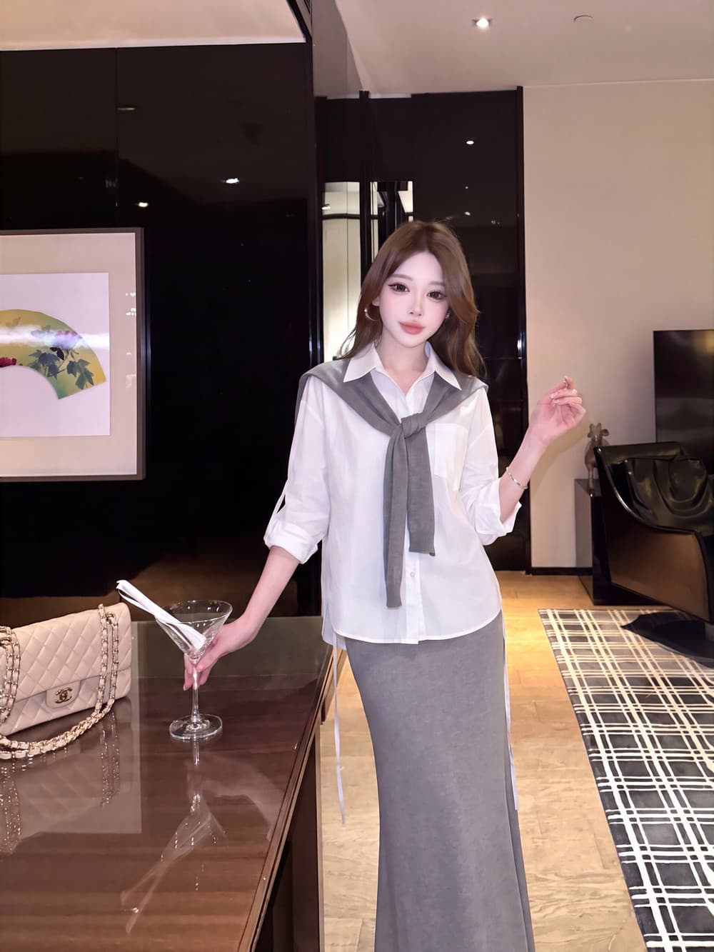 실사 한 부서 학원 스타일 숄 흰 셔츠 반신 스커트 3종 세트 느긋한 바람 세트 여성 상세 이미지 5