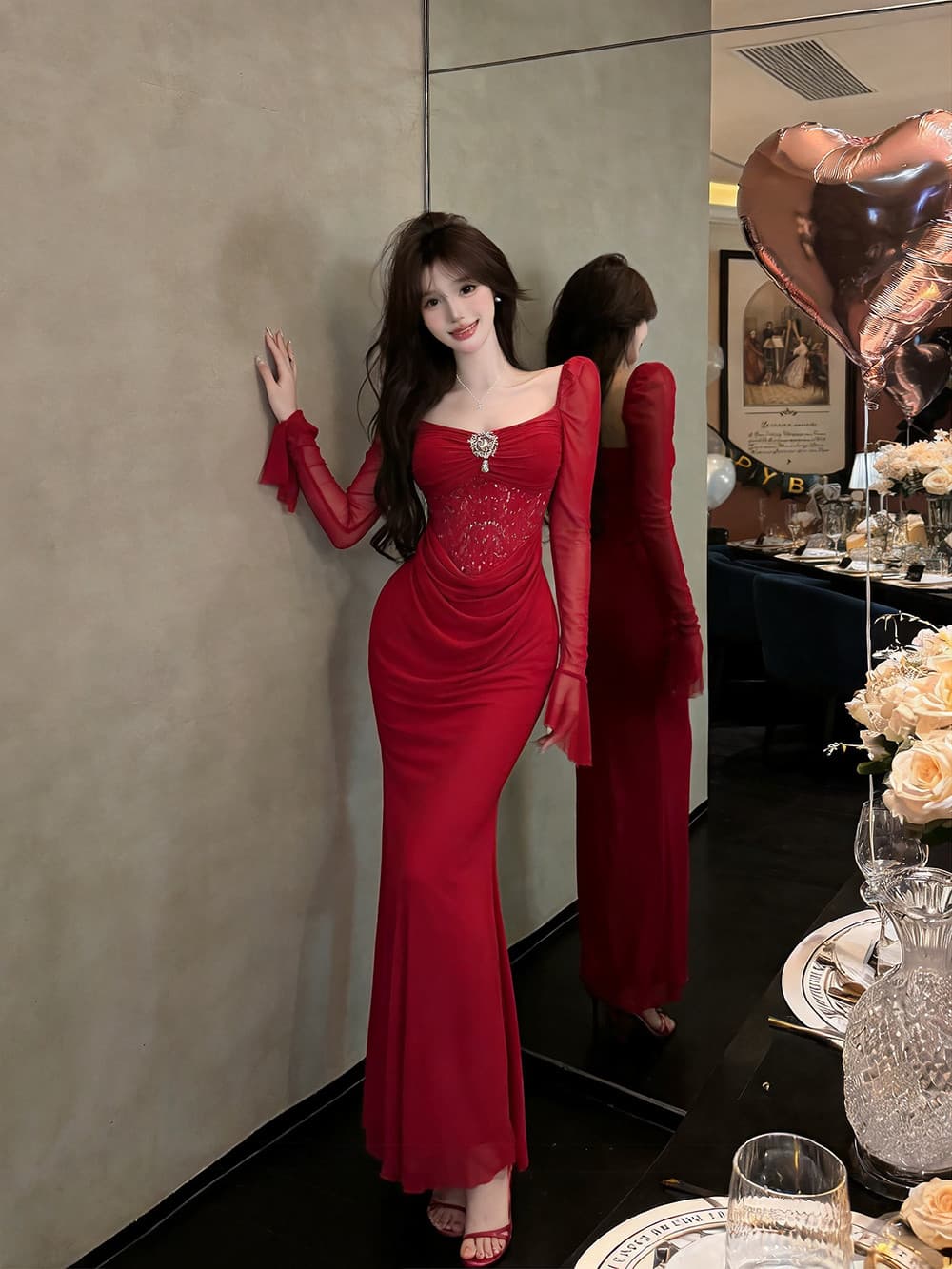 실사 디자인 센스 작은 대중 스팽글 몸매 가꾸기 주름 나팔 소매 허리 수축 타이트 스커트 롱 코트 드레스 상세 이미지 2
