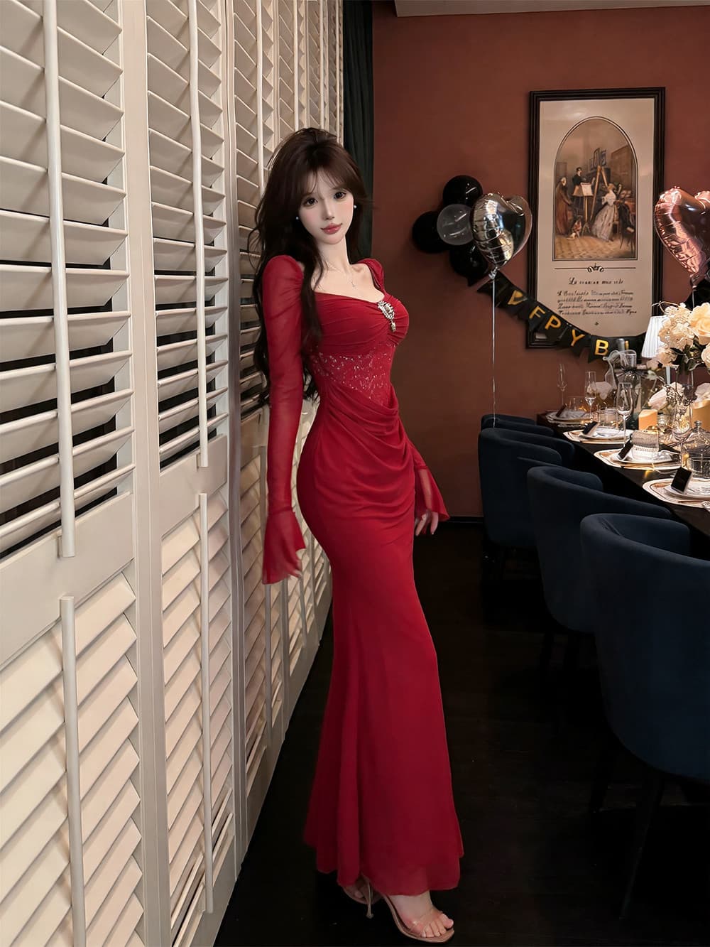 실사 디자인 센스 작은 대중 스팽글 몸매 가꾸기 주름 나팔 소매 허리 수축 타이트 스커트 롱 코트 드레스 상세 이미지 5