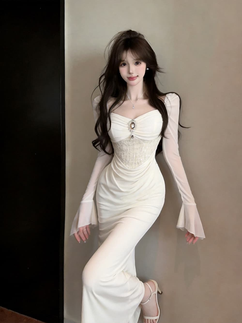 실사 디자인 센스 작은 대중 스팽글 몸매 가꾸기 주름 나팔 소매 허리 수축 타이트 스커트 롱 코트 드레스 상세 이미지 16