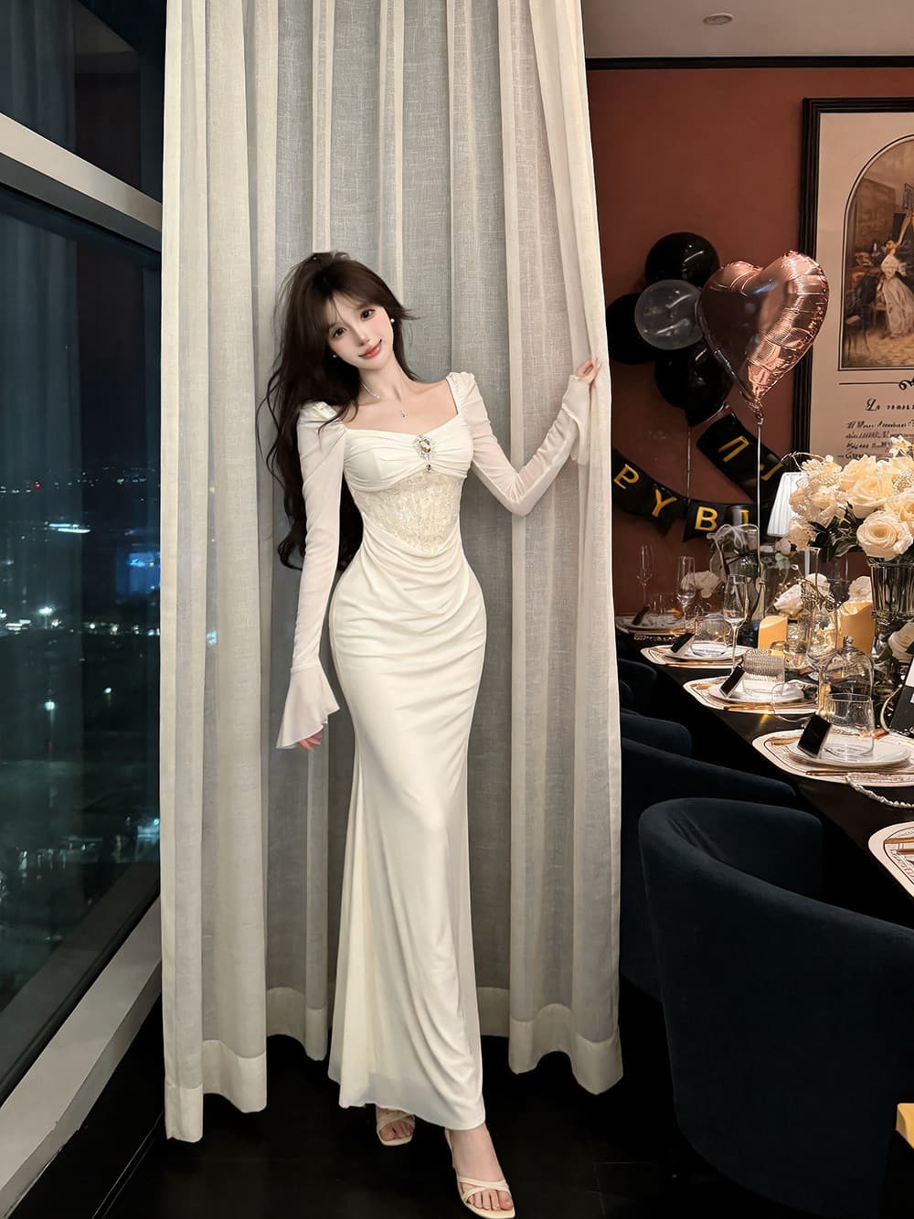 실사 디자인 센스 작은 대중 스팽글 몸매 가꾸기 주름 나팔 소매 허리 수축 타이트 스커트 롱 코트 드레스 상세 이미지 19