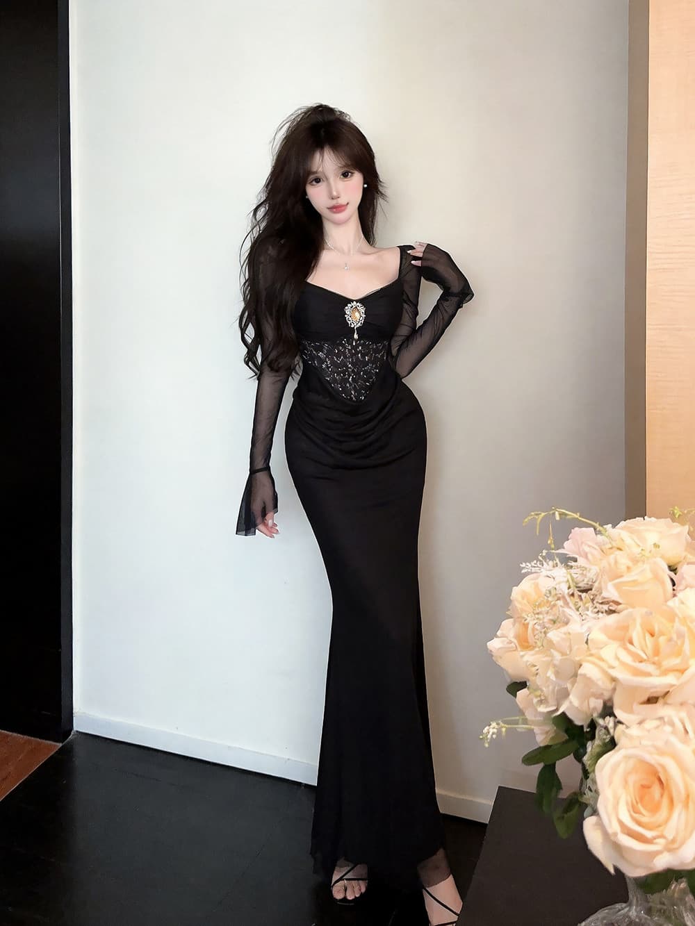 실사 디자인 센스 작은 대중 스팽글 몸매 가꾸기 주름 나팔 소매 허리 수축 타이트 스커트 롱 코트 드레스 상세 이미지 26