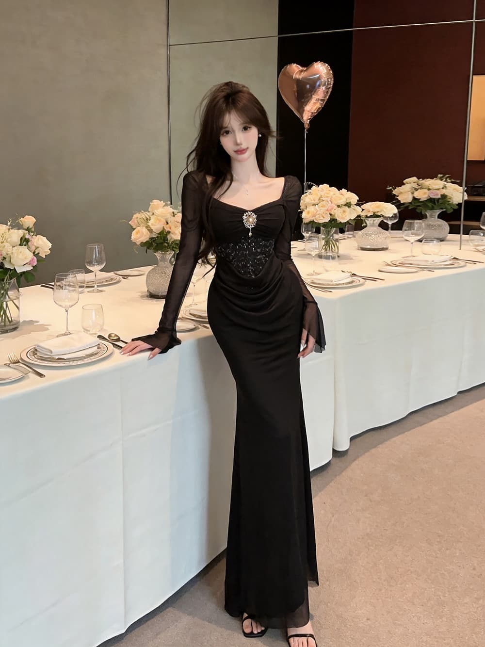 실사 디자인 센스 작은 대중 스팽글 몸매 가꾸기 주름 나팔 소매 허리 수축 타이트 스커트 롱 코트 드레스 상세 이미지 27