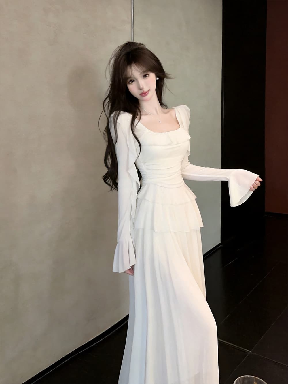 실사 프랑스식 품격 허리 수축 불규칙 디자인 센스 프릴 슬림해 보이는 타이트 스커트 긴팔 드레스