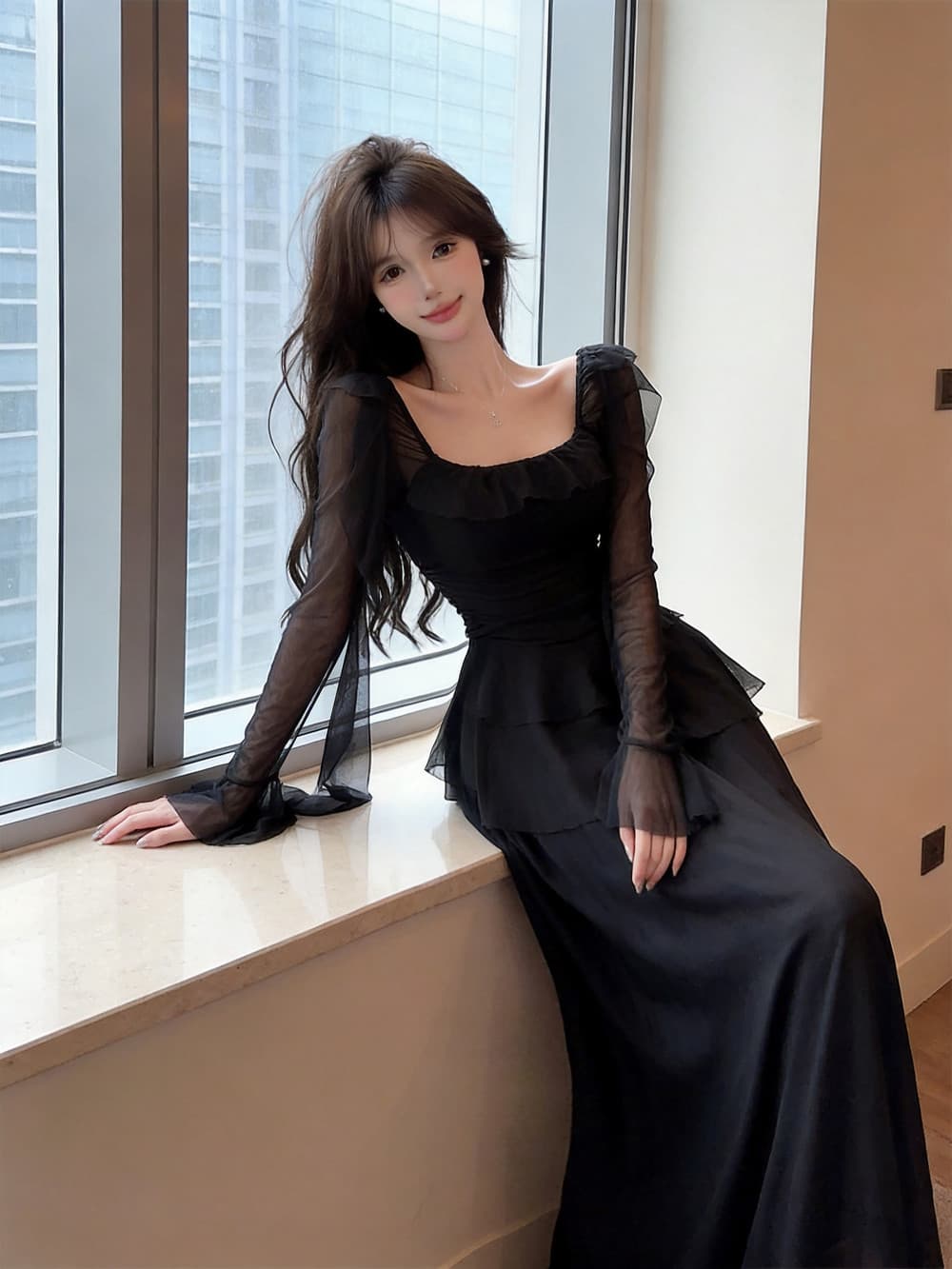 실사 프랑스식 품격 허리 수축 불규칙 디자인 센스 프릴 슬림해 보이는 타이트 스커트 긴팔 드레스 이미지 4