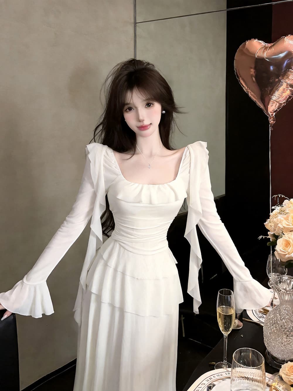 실사 프랑스식 품격 허리 수축 불규칙 디자인 센스 프릴 슬림해 보이는 타이트 스커트 긴팔 드레스 상세 이미지 3