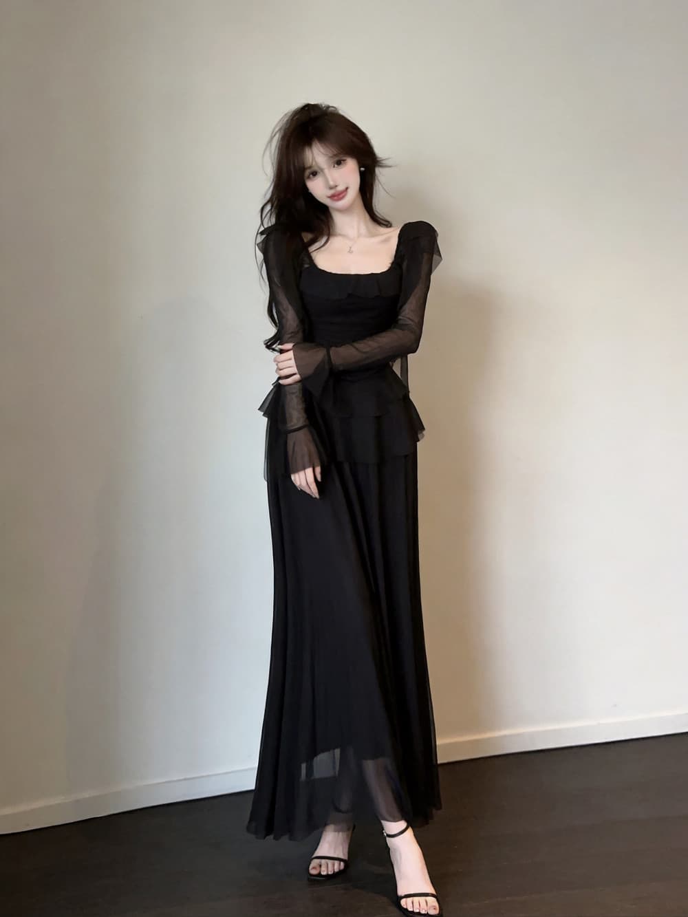 실사 프랑스식 품격 허리 수축 불규칙 디자인 센스 프릴 슬림해 보이는 타이트 스커트 긴팔 드레스 상세 이미지 18