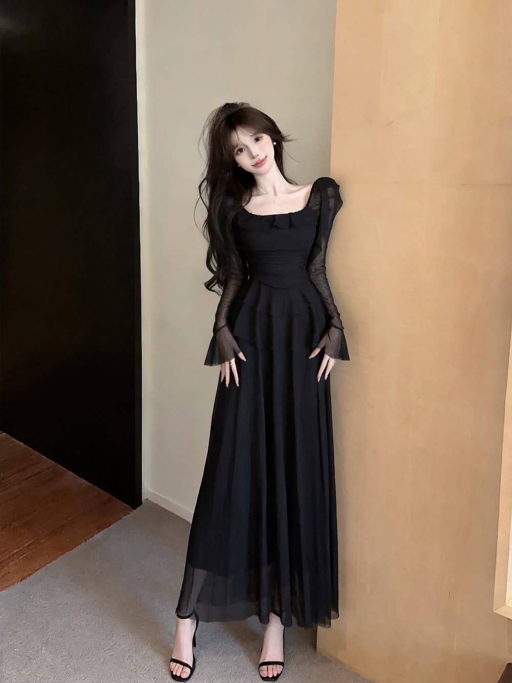 실사 프랑스식 품격 허리 수축 불규칙 디자인 센스 프릴 슬림해 보이는 타이트 스커트 긴팔 드레스 상세 이미지 22