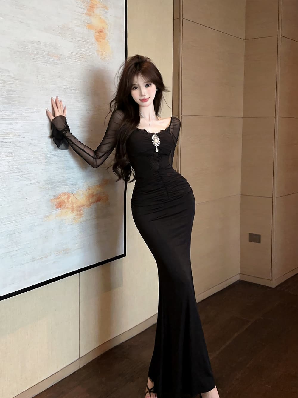실사 품격 명문 여성 고급 센스 무거운 작업 훈련 행침 목 망사 홀로우 아웃 주름 긴팔 허리 수축 인어 꼬리 타이트 스커트 상세 이미지 2