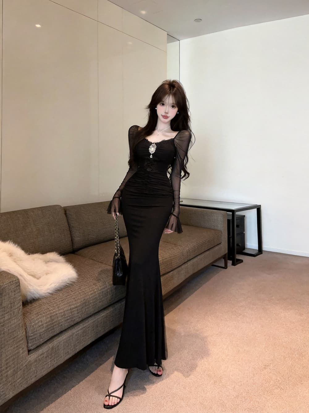 실사 품격 명문 여성 고급 센스 무거운 작업 훈련 행침 목 망사 홀로우 아웃 주름 긴팔 허리 수축 인어 꼬리 타이트 스커트 상세 이미지 10
