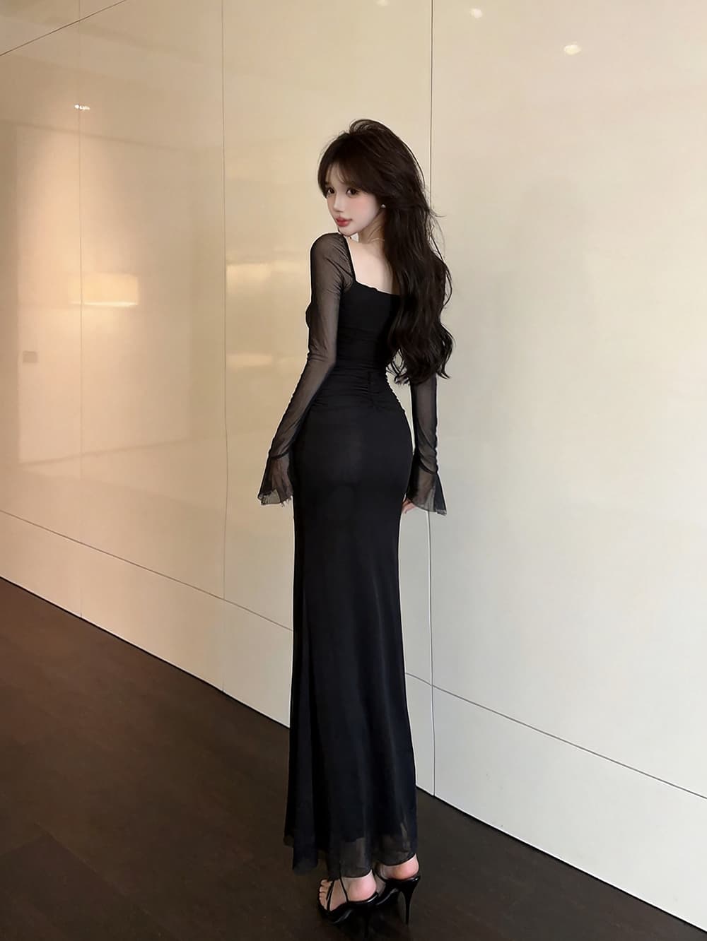 실사 품격 명문 여성 고급 센스 무거운 작업 훈련 행침 목 망사 홀로우 아웃 주름 긴팔 허리 수축 인어 꼬리 타이트 스커트 상세 이미지 13