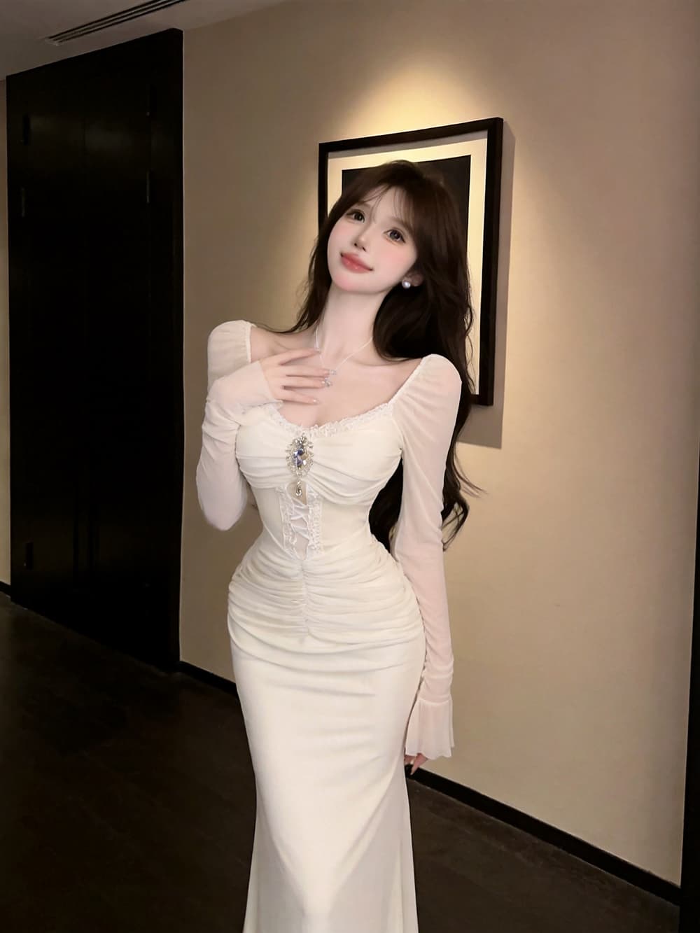 실사 품격 명문 여성 고급 센스 무거운 작업 훈련 행침 목 망사 홀로우 아웃 주름 긴팔 허리 수축 인어 꼬리 타이트 스커트 상세 이미지 17
