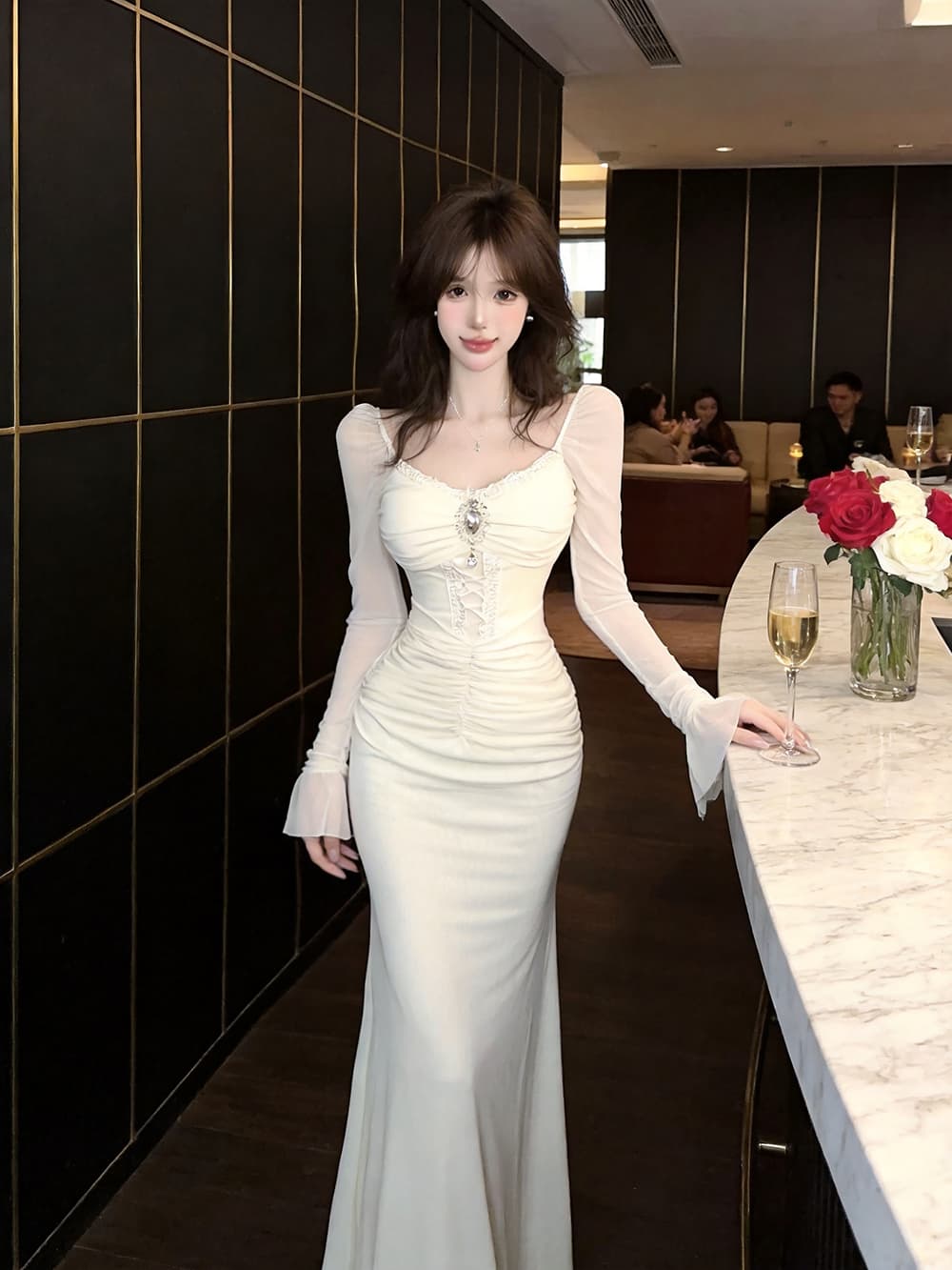 실사 품격 명문 여성 고급 센스 무거운 작업 훈련 행침 목 망사 홀로우 아웃 주름 긴팔 허리 수축 인어 꼬리 타이트 스커트 상세 이미지 19