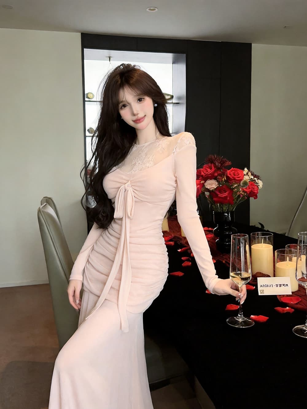 실사 순수한 욕망 핑크색 망사 레이스 핫픽스 아름다운 품격 몸매 가꾸기 타이트 스커트 생일 예복 치마 상세 이미지 9