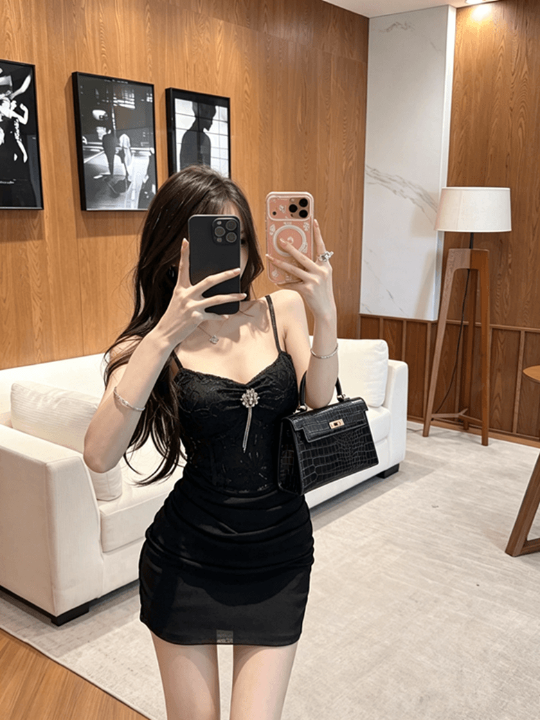 실사 명문 여성 품격 디자인 센스 슬립 예복 쇼트 스타일 슬림해 보이는 타이트 스커트 드레스 상세 이미지 3