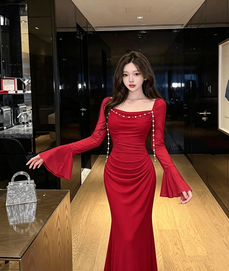 실사 명문 여성 품격 프랑스식 망사 나팔 소매 섹시함 달콤함 디자인 센스 3 차원 체인 타이트 스커트 드레스 이미지 3