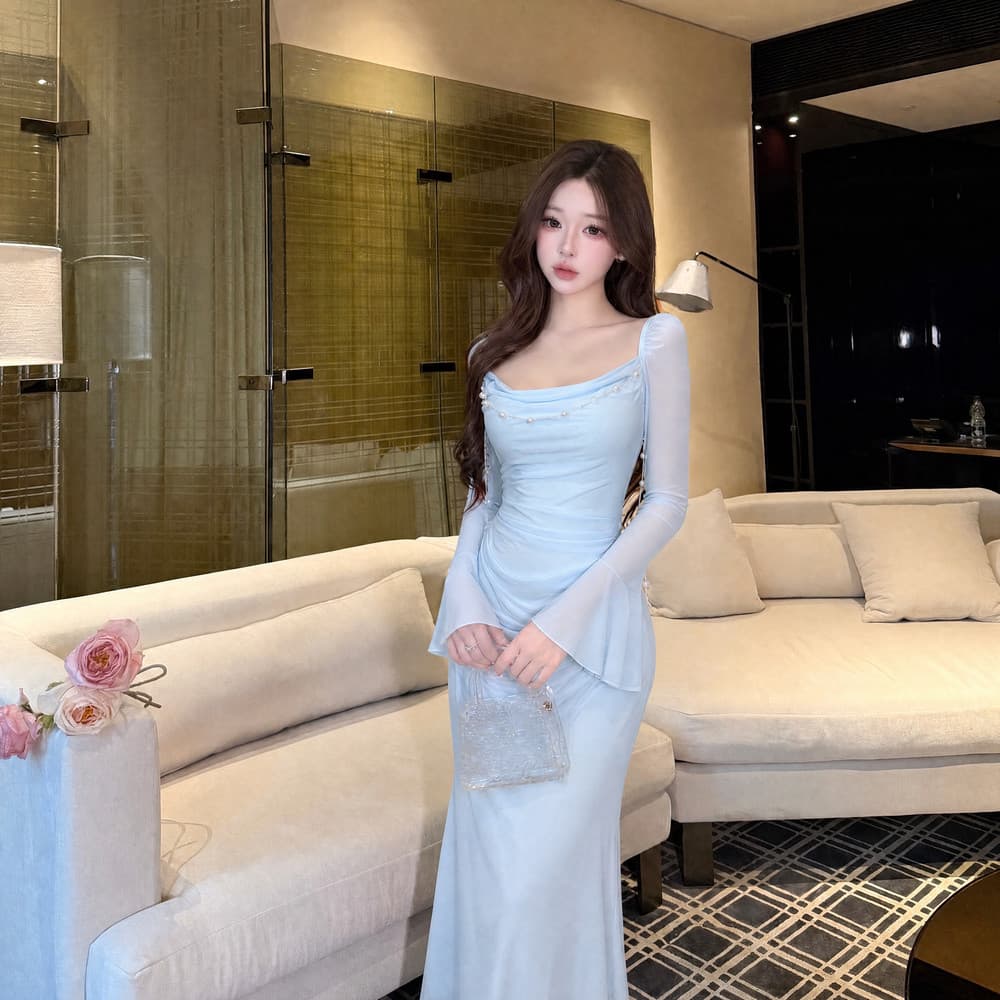 실사 명문 여성 품격 프랑스식 망사 나팔 소매 섹시함 달콤함 디자인 센스 3 차원 체인 타이트 스커트 드레스 상세 이미지 13