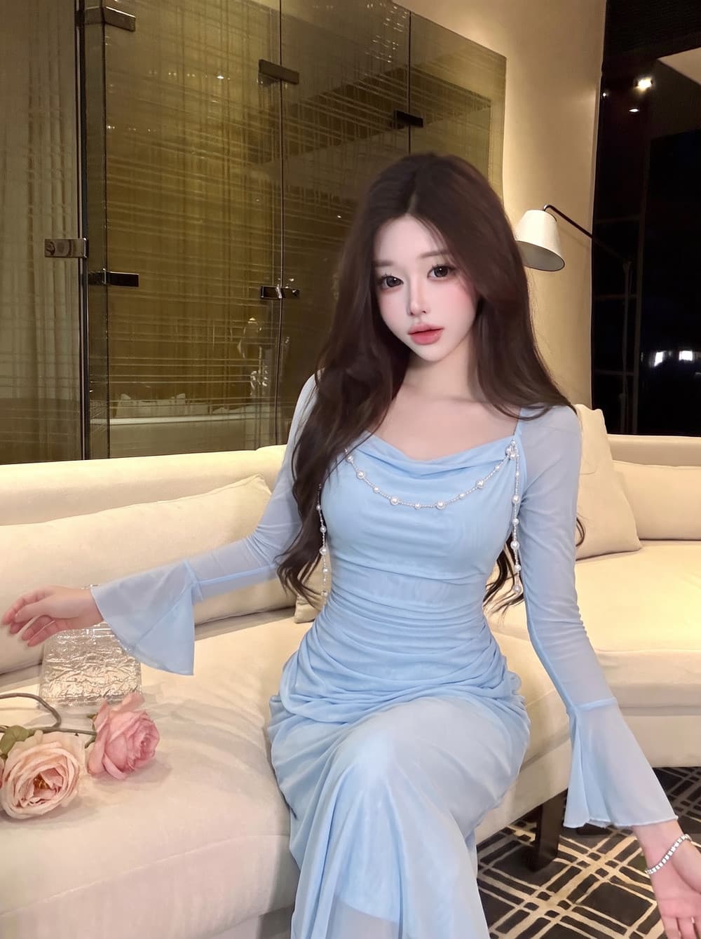 실사 명문 여성 품격 프랑스식 망사 나팔 소매 섹시함 달콤함 디자인 센스 3 차원 체인 타이트 스커트 드레스 상세 이미지 14