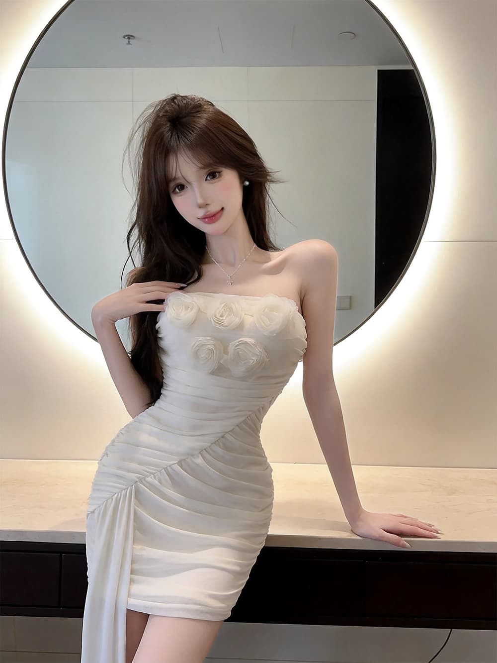 실사 디자인 센스 3 차원 꽃 튜브탑 품격 허리 수축 불규칙 타이트 스커트 드레스