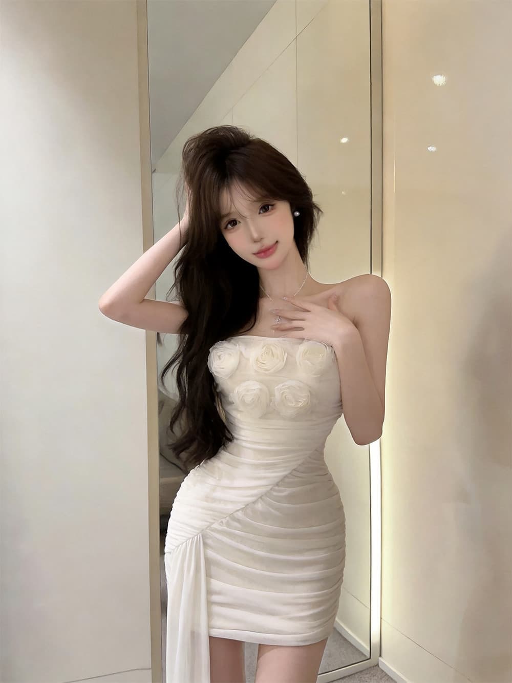 실사 디자인 센스 3 차원 꽃 튜브탑 품격 허리 수축 불규칙 타이트 스커트 드레스 상세 이미지 3