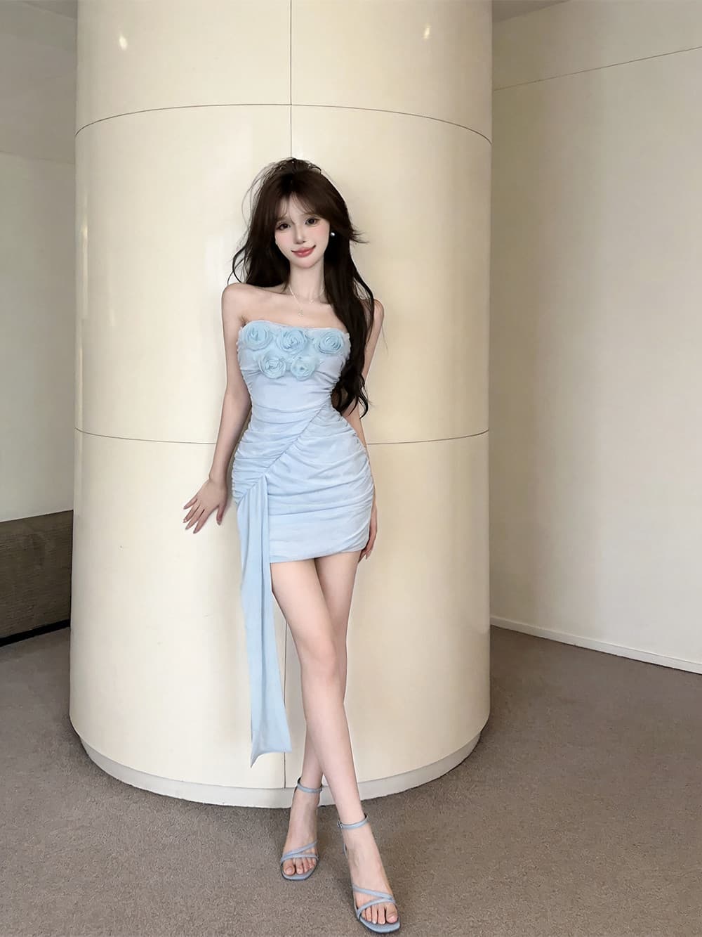 실사 디자인 센스 3 차원 꽃 튜브탑 품격 허리 수축 불규칙 타이트 스커트 드레스 상세 이미지 25