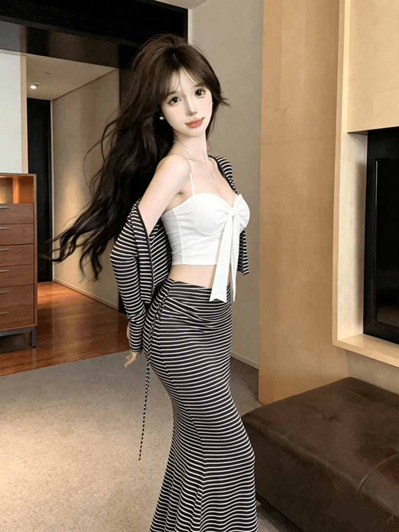 실사 순수한 욕망 디자인 센스 캐미솔 긴팔 오픈 가디건 몸매 가꾸기 슬림해 보이는 스트라이프 타이트 스커트 롱 스커트 3종 세트 이미지 4